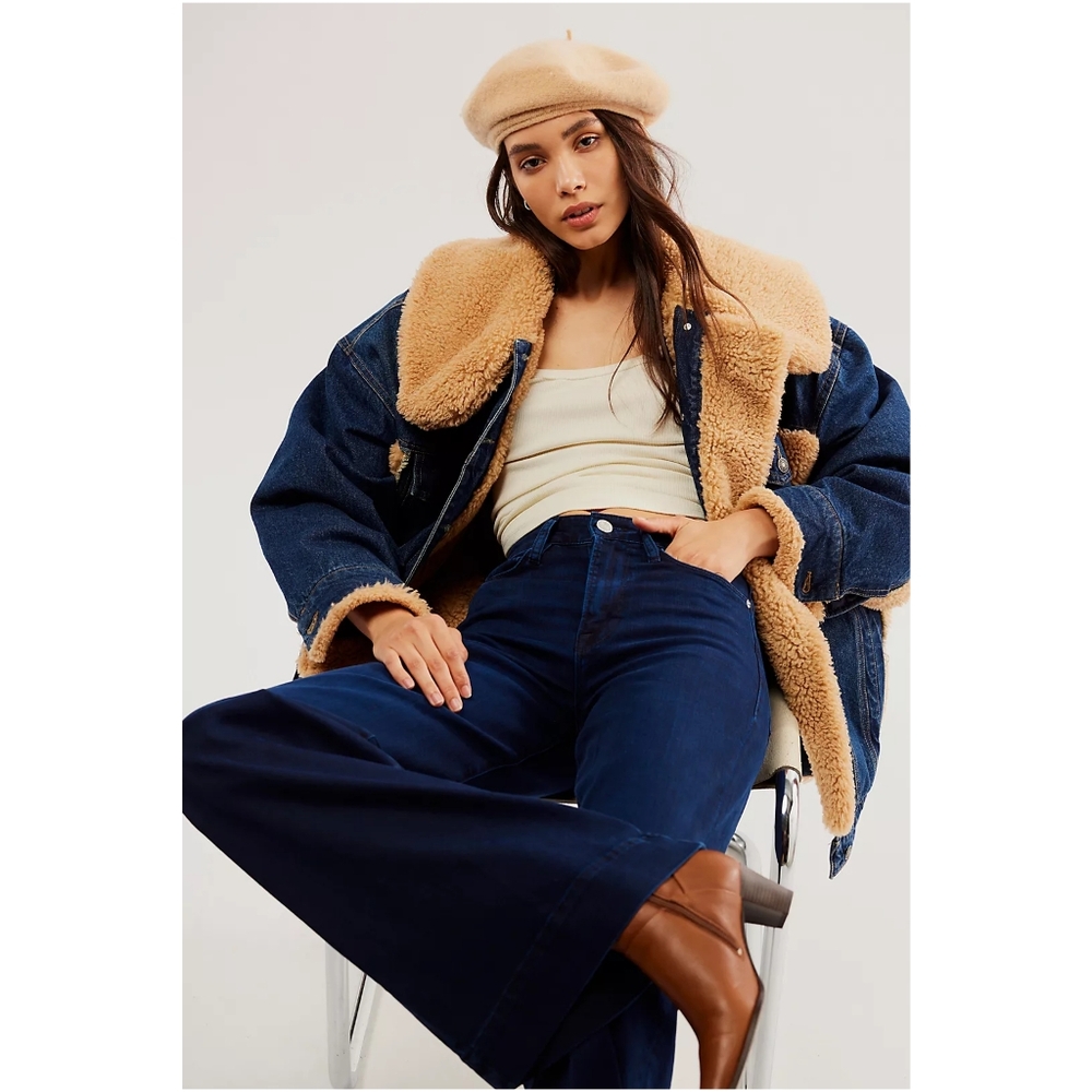FREE PEOPLE Holly Cozy Denim Jacket sz M Women's Faux Shearling Fur Jean - Picture 6 of 10